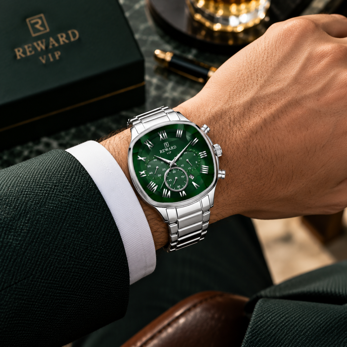 REWARD VIP Luxury Green Dial Chronograph Watch for Men