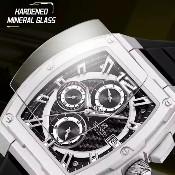 Naviforce Men's Tonneau Barrel Chronograph Watch – Silver & Black