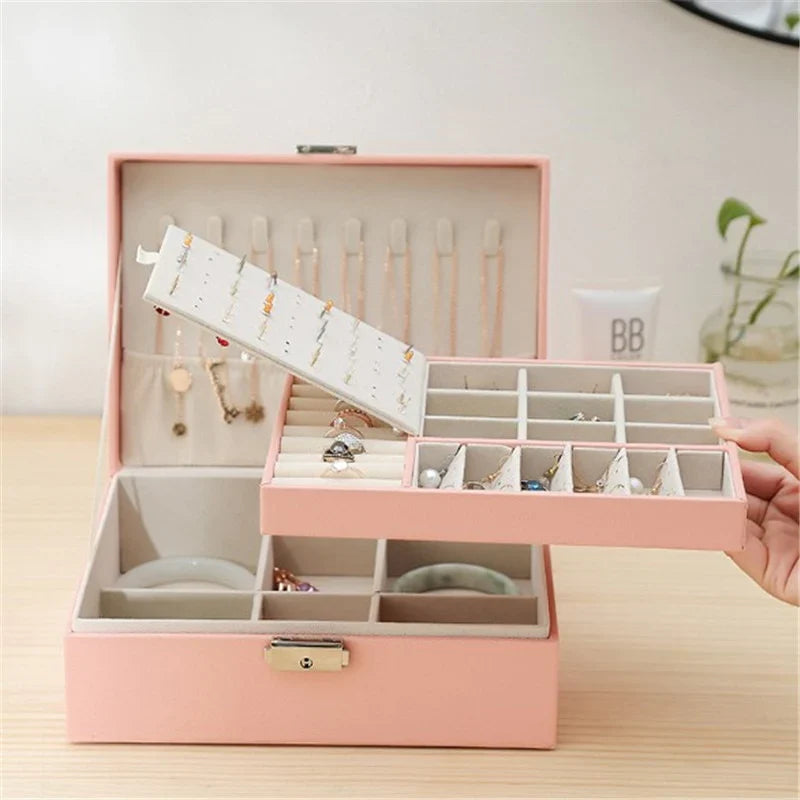 Premium Leather Jewelry Box Double Layer Storage detail view