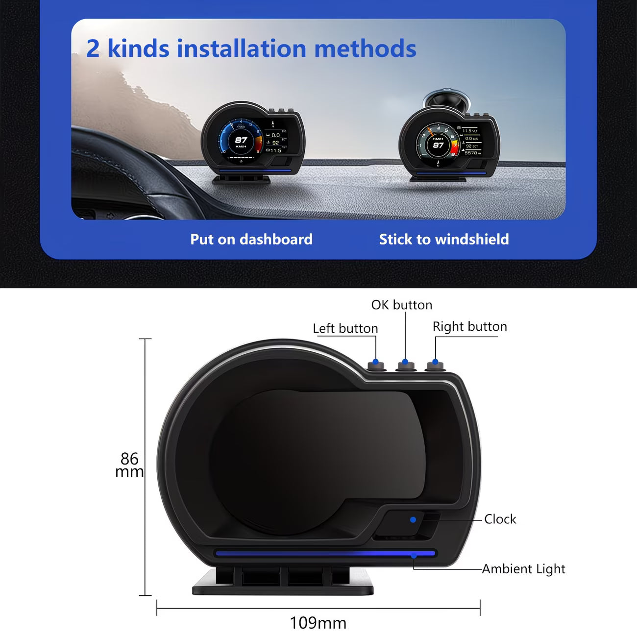Upgrade your driving experience with the P6 OBD2 Head-Up Display (HUD). This smart digital gauge provides real-time vehicle data directly in your line of sight, helping you stay informed while keeping your eyes on the road.