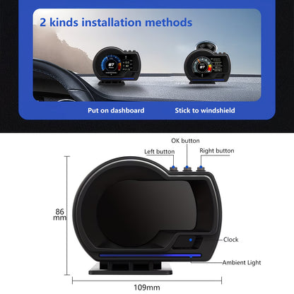Upgrade your driving experience with the P6 OBD2 Head-Up Display (HUD). This smart digital gauge provides real-time vehicle data directly in your line of sight, helping you stay informed while keeping your eyes on the road.