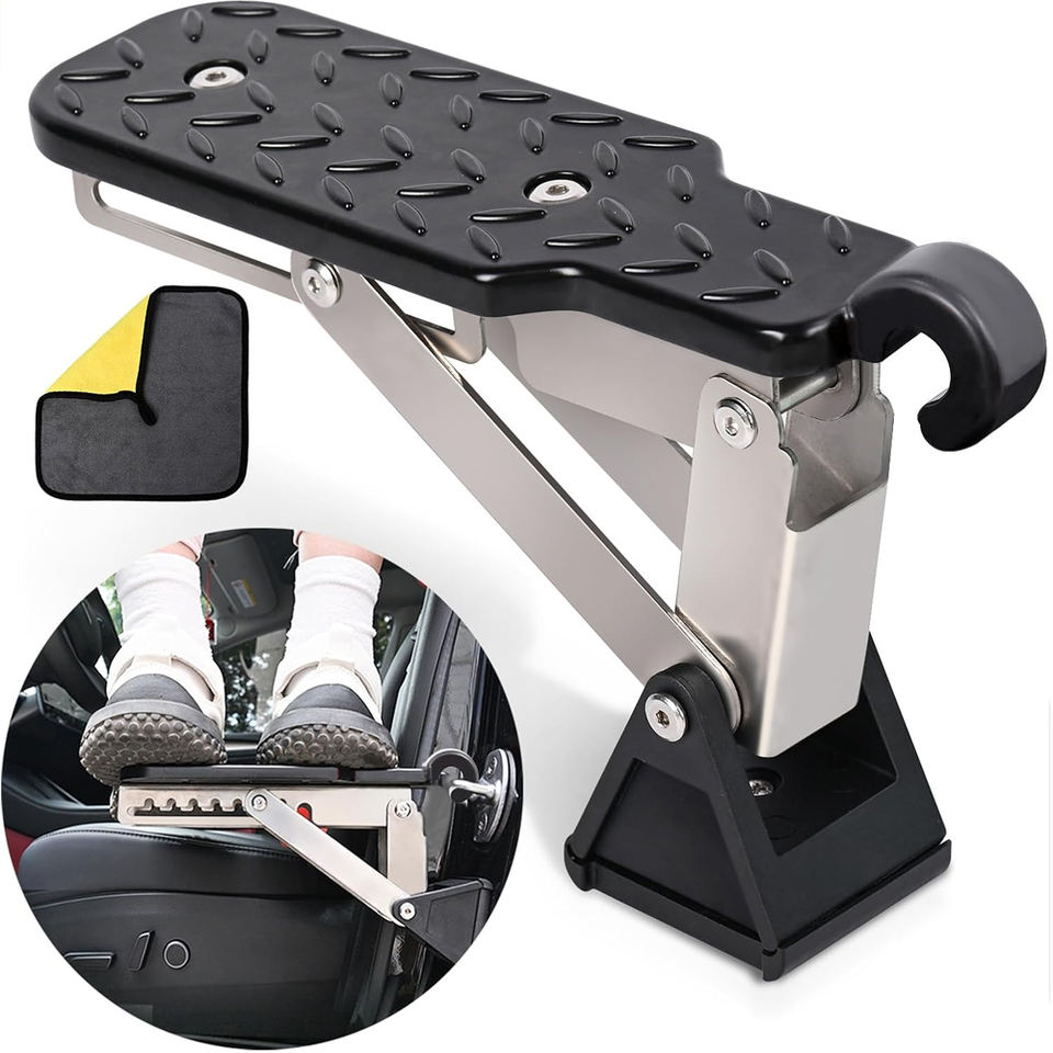 Easily access your car roof with the Upgraded Foldable Door Step. Designed to fit most cars, SUVs, and trucks, it hooks securely onto your door latch for safe and easy loading of luggage, bikes, kayaks, and more.