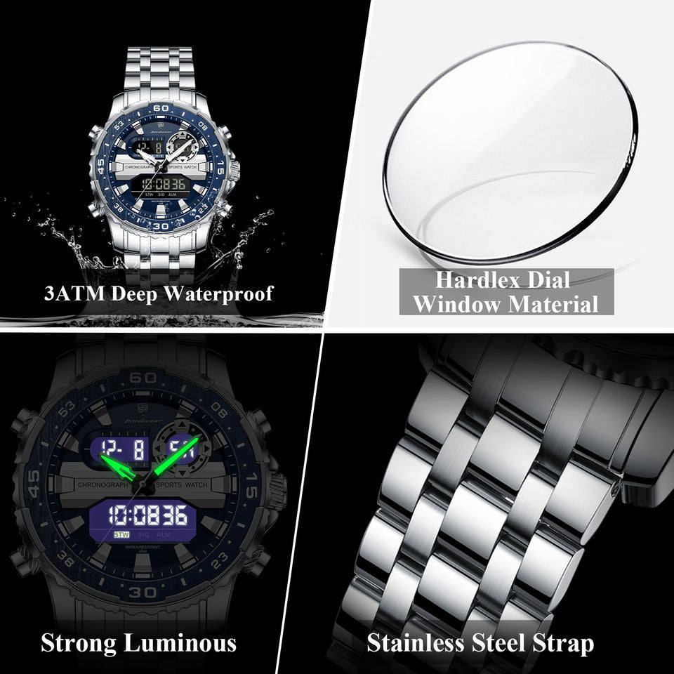 Upgrade your style with the Men’s Multifunction Chronograph Quartz Watch — built for precision, durability, and everyday elegance. Featuring a stainless steel bracelet, alloy case, and water-resistant design, perfect for casual or business wear.