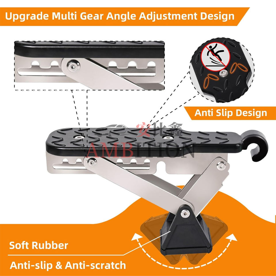 Easily access your car roof with the Upgraded Foldable Door Step. Designed to fit most cars, SUVs, and trucks, it hooks securely onto your door latch for safe and easy loading of luggage, bikes, kayaks, and more.