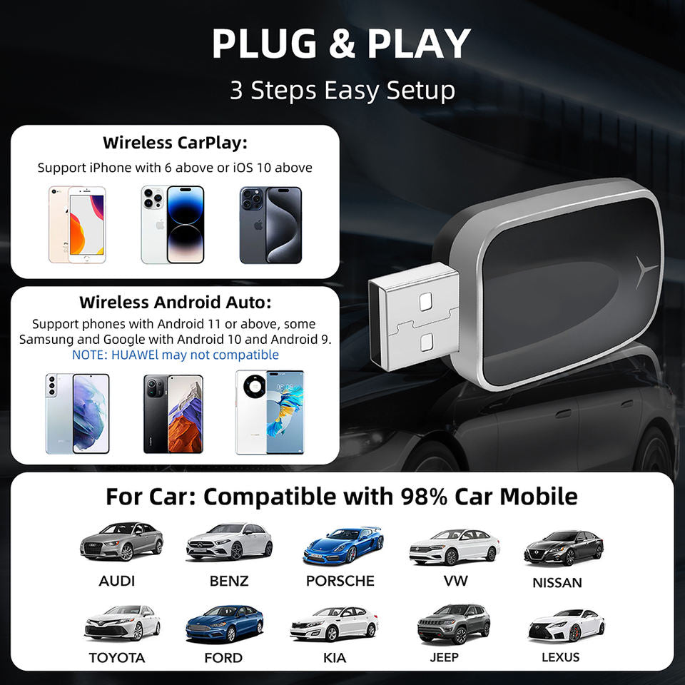 Drive smarter, safer, and completely cable-free with the 2-in-1 Wireless CarPlay & Android Auto Adapter. Enjoy seamless navigation, music, and hands-free calls for a cleaner and more convenient driving experience.