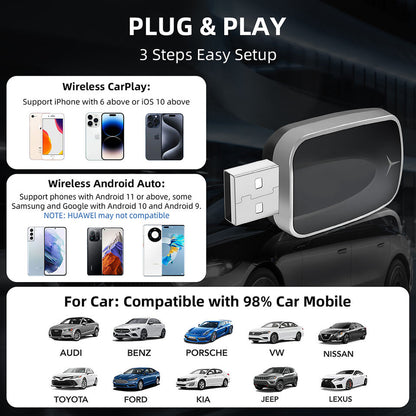 Drive smarter, safer, and completely cable-free with the 2-in-1 Wireless CarPlay & Android Auto Adapter. Enjoy seamless navigation, music, and hands-free calls for a cleaner and more convenient driving experience.