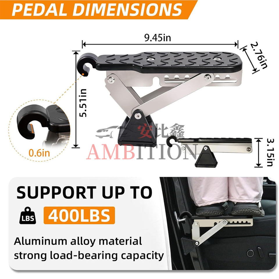 Easily access your car roof with the Upgraded Foldable Door Step. Designed to fit most cars, SUVs, and trucks, it hooks securely onto your door latch for safe and easy loading of luggage, bikes, kayaks, and more.