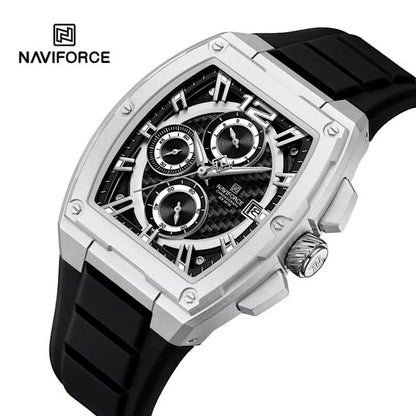 Naviforce Men's Tonneau Barrel Chronograph Watch – Silver & Black