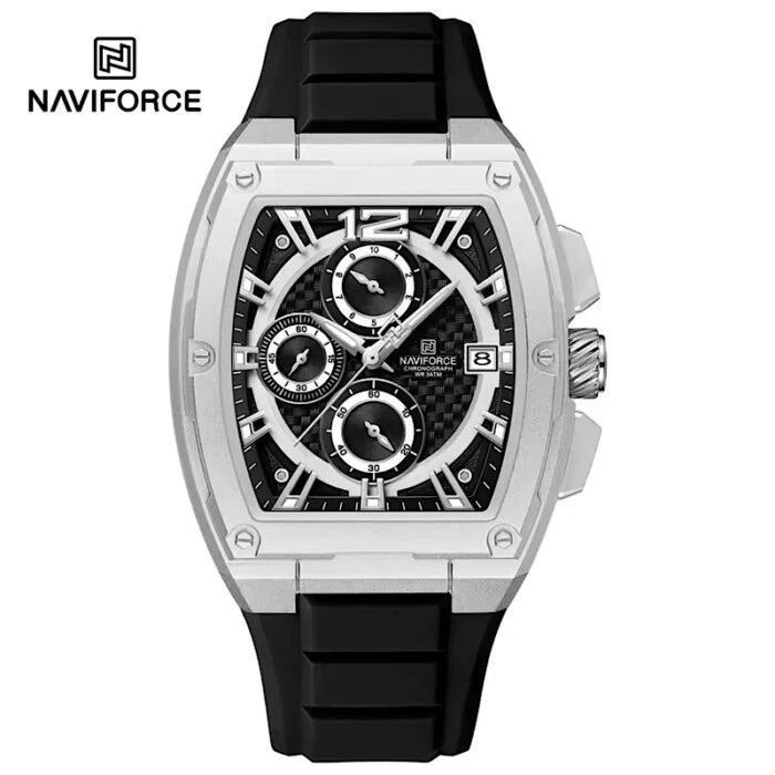 Naviforce Men's Tonneau Barrel Chronograph Watch – Silver & Black