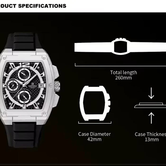 Naviforce Men's Tonneau Barrel Chronograph Watch – Silver & Black